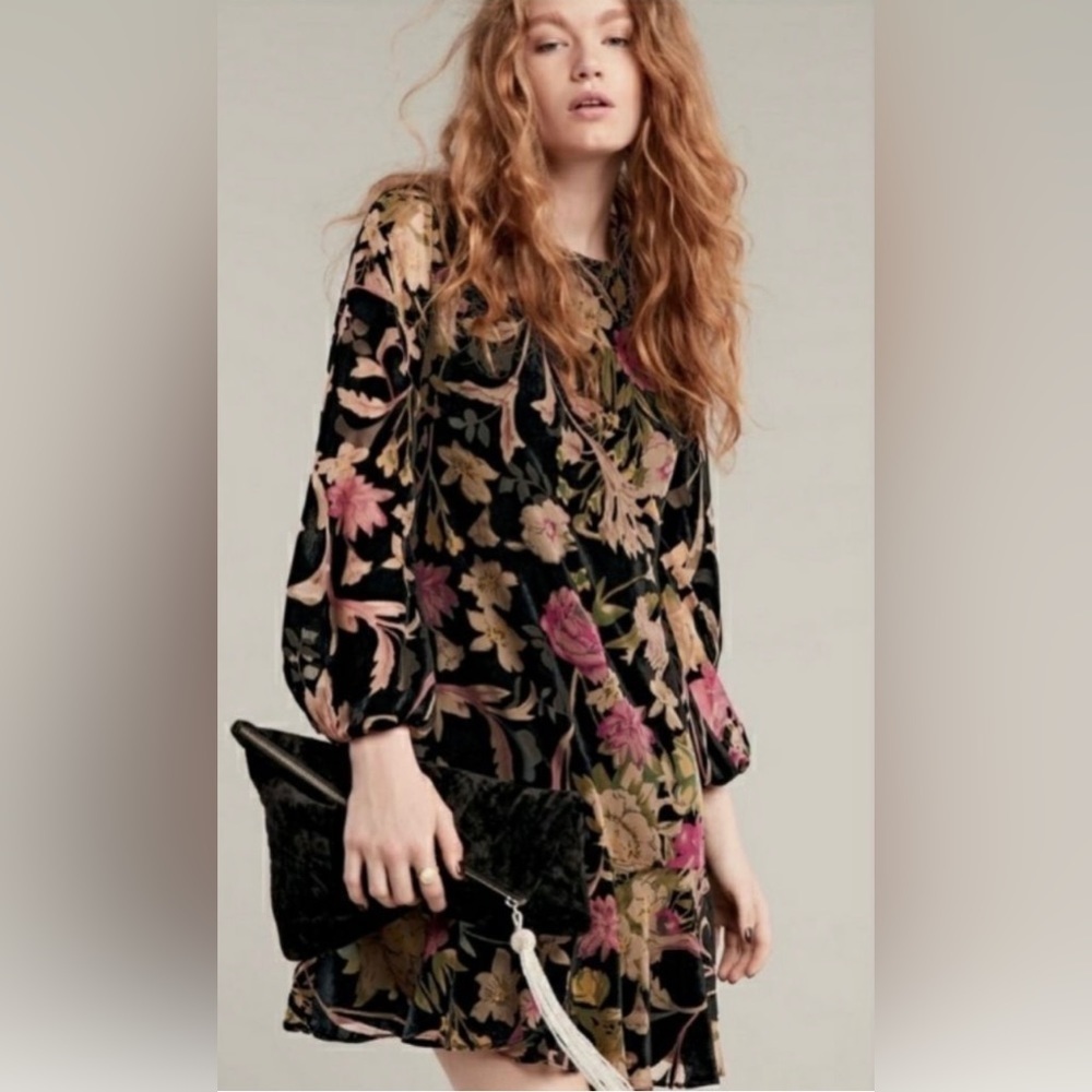 Eliza J Black Floral Velvet Mesh Cutout Long Sleeve Peplum Hem Dress |Sz 6Petite